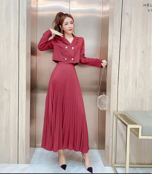 Women Classy Collar Down Crop Blazer With Pleated Long Skirts